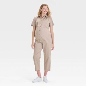 Short Sleeve Utility Maternity Jumpsuit - Isabel M Beige
